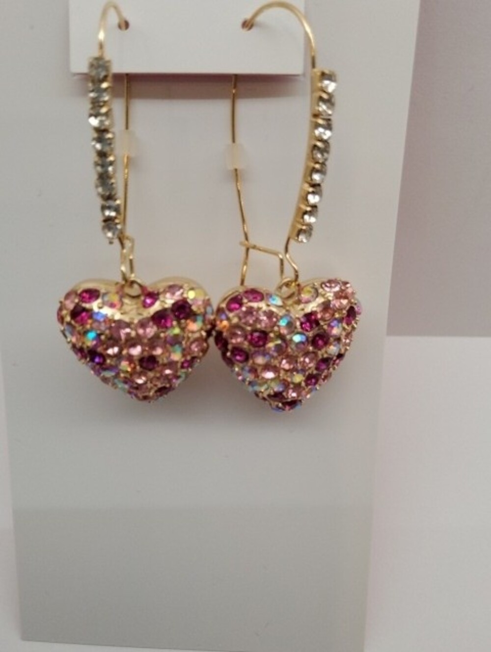 Betsey Johnson Gold Heart Hoop Earrings with Pink and Multicolor Crystals - Picture 2 of 2